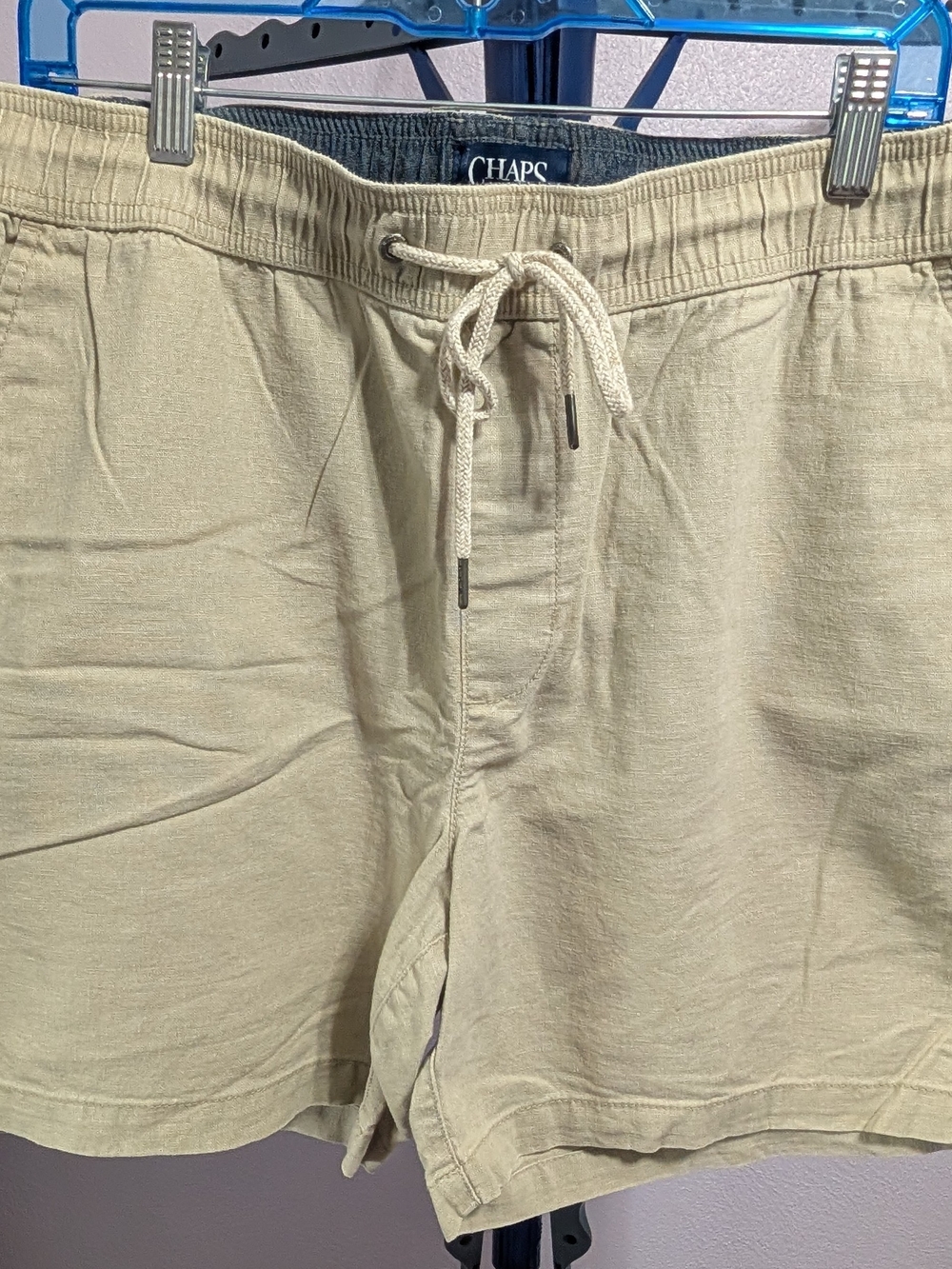Chaps Khaki Draw String Tie Linen-Blend Shorts with Striped Lining
